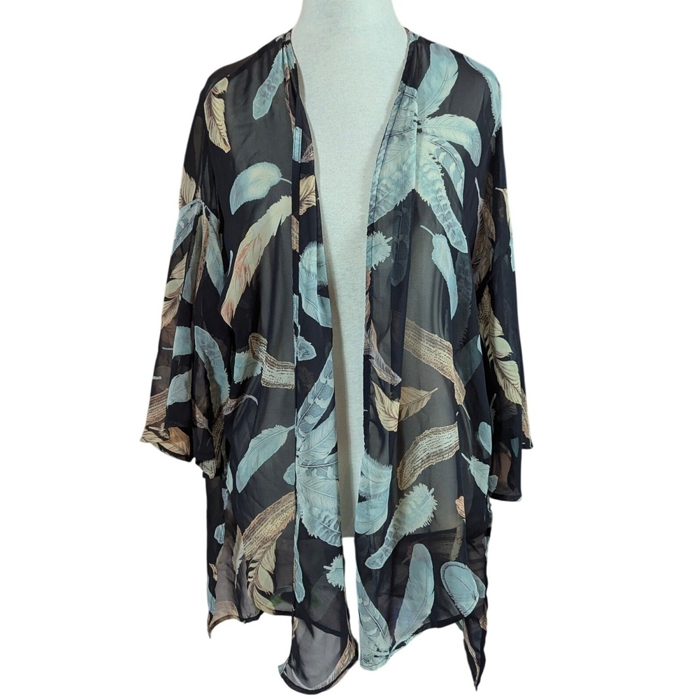 fab'rik Kimono‎ Women Small Black Feather Print Sheer Open Front Boho J50009-38